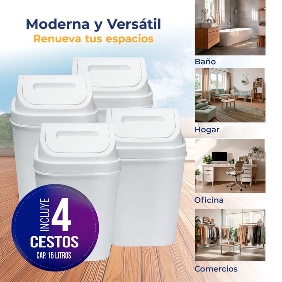 ENERGY PLUS - Kit x4 Cesto de Basura 15L con Tapa Vaivén - Caneca Blanco