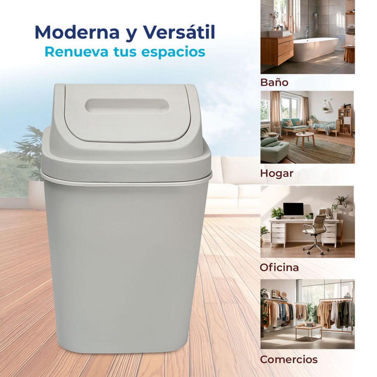 ENERGY PLUS - Cesto Basura 15L Tapa Vaivén - Caneca Hogar Oficina Gris