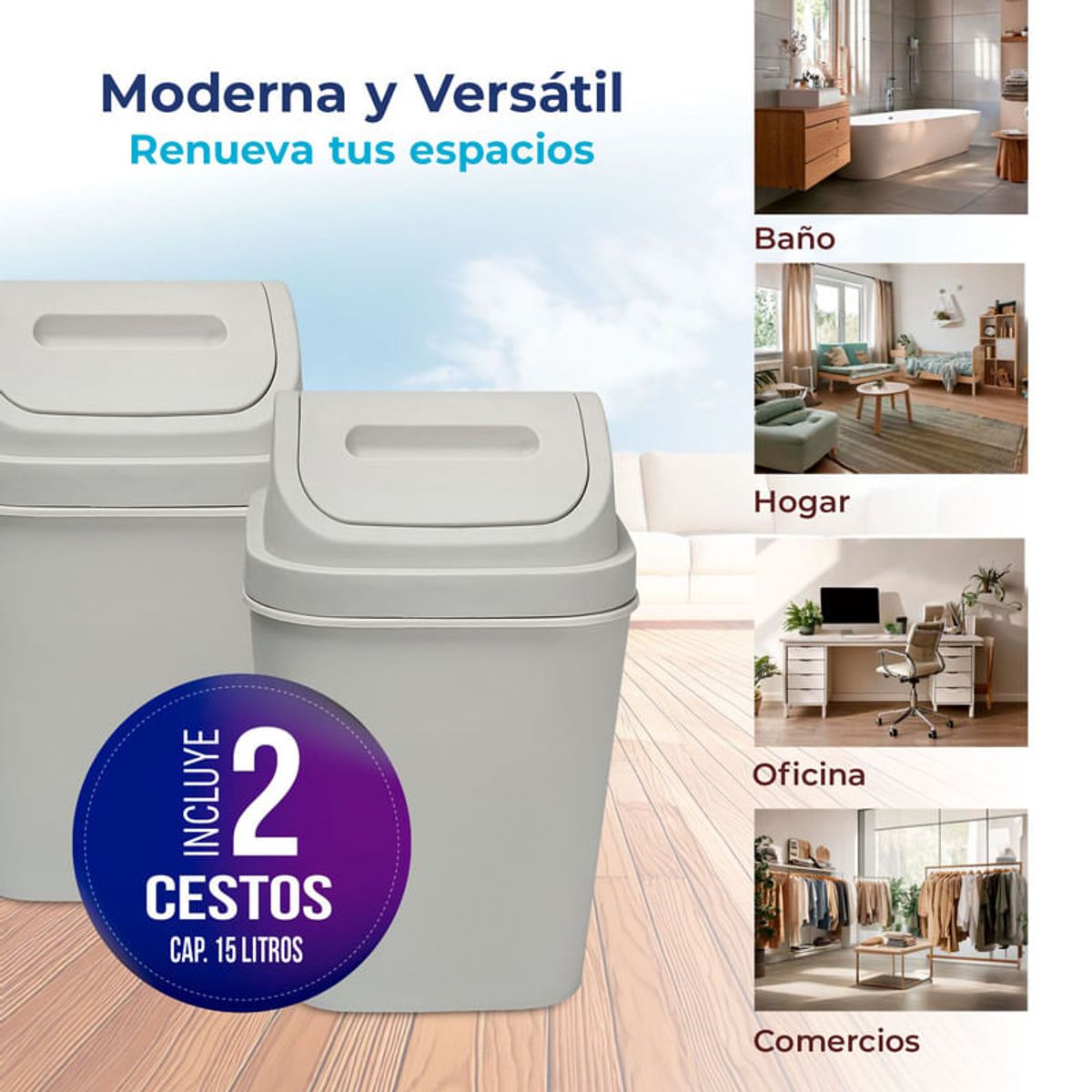 ENERGY PLUS - Kit x2 Cesto de Basura 15L con Tapa Vaivén - Caneca Gris