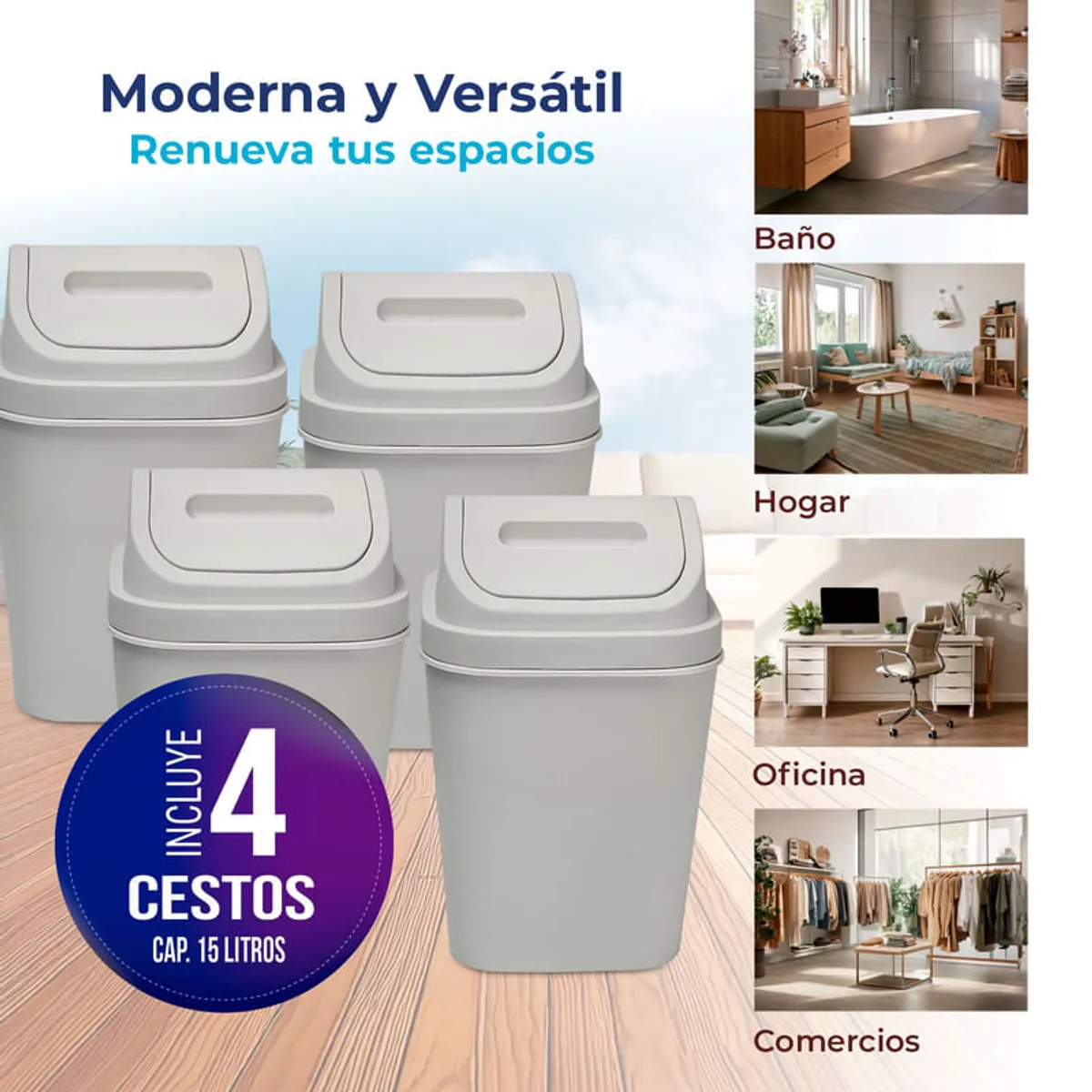 ENERGY PLUS - Kit x4 Cesto de Basura 15L con Tapa Vaivén - Caneca Gris