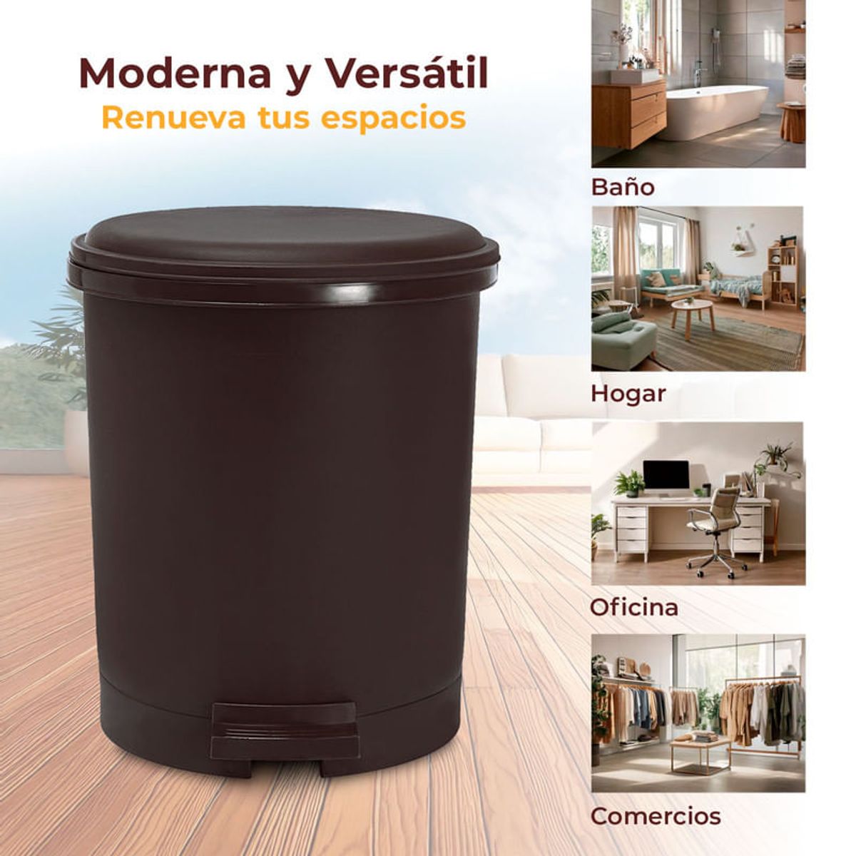 ENERGY PLUS - Papelera Circular con Pedal 13L  Diseño Moderno Café