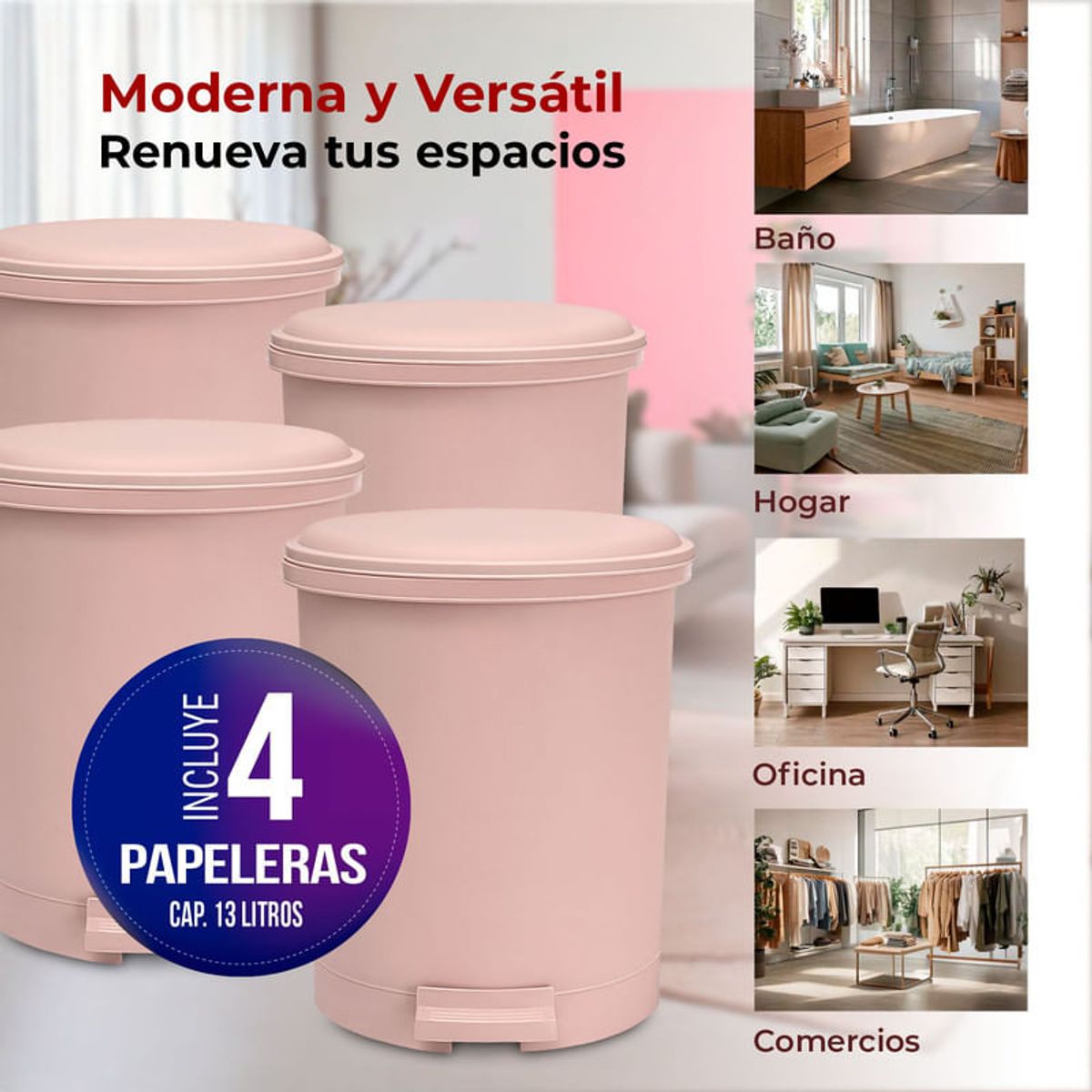 ENERGY PLUS - Kit x4 Papelera Circular con Pedal 13L  Diseño Oro Rosa