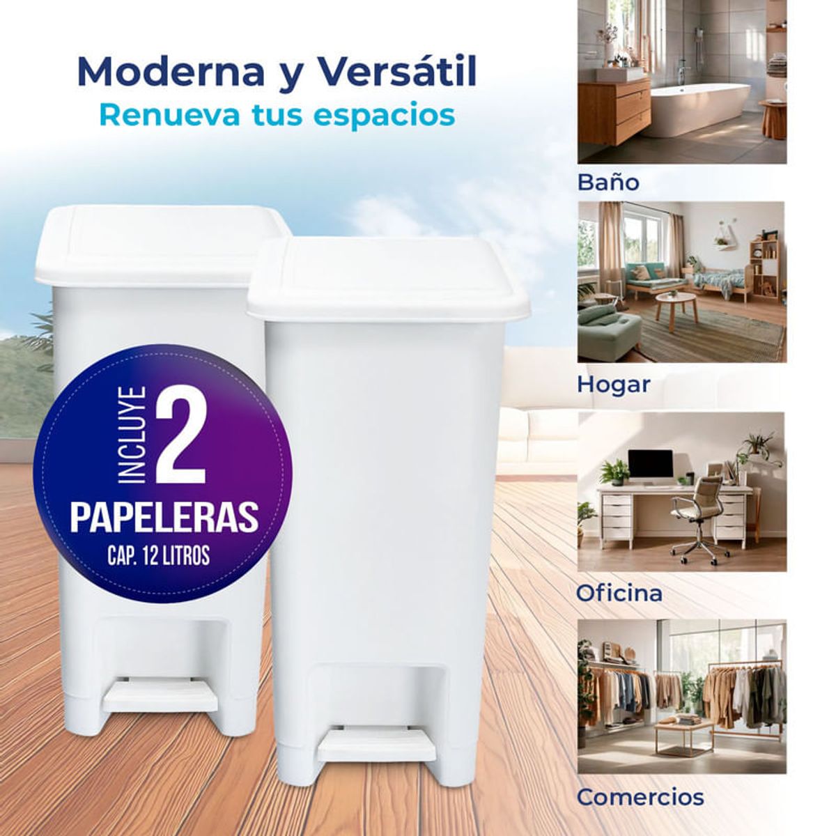 ENERGY PLUS - Kit x2 Cesto de Basura Papelera Pedal 12L Blanco