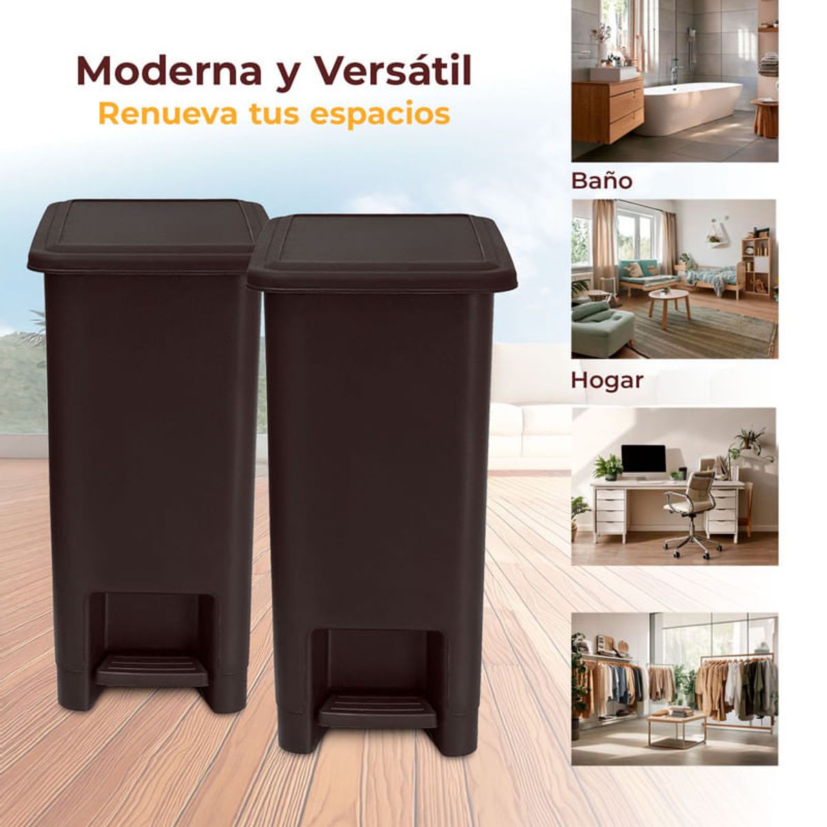 ENERGY PLUS - Kit x2 Cesto de Basura Papelera Pedal 12L Espacios Reducidos Café