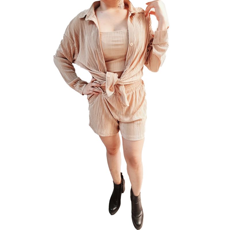 VIA7 - trio americano de blusa corta short y cardigan beige mujer