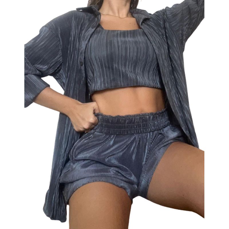 VIA7 - trio americano de blusa corta short y cardigan gris mujer