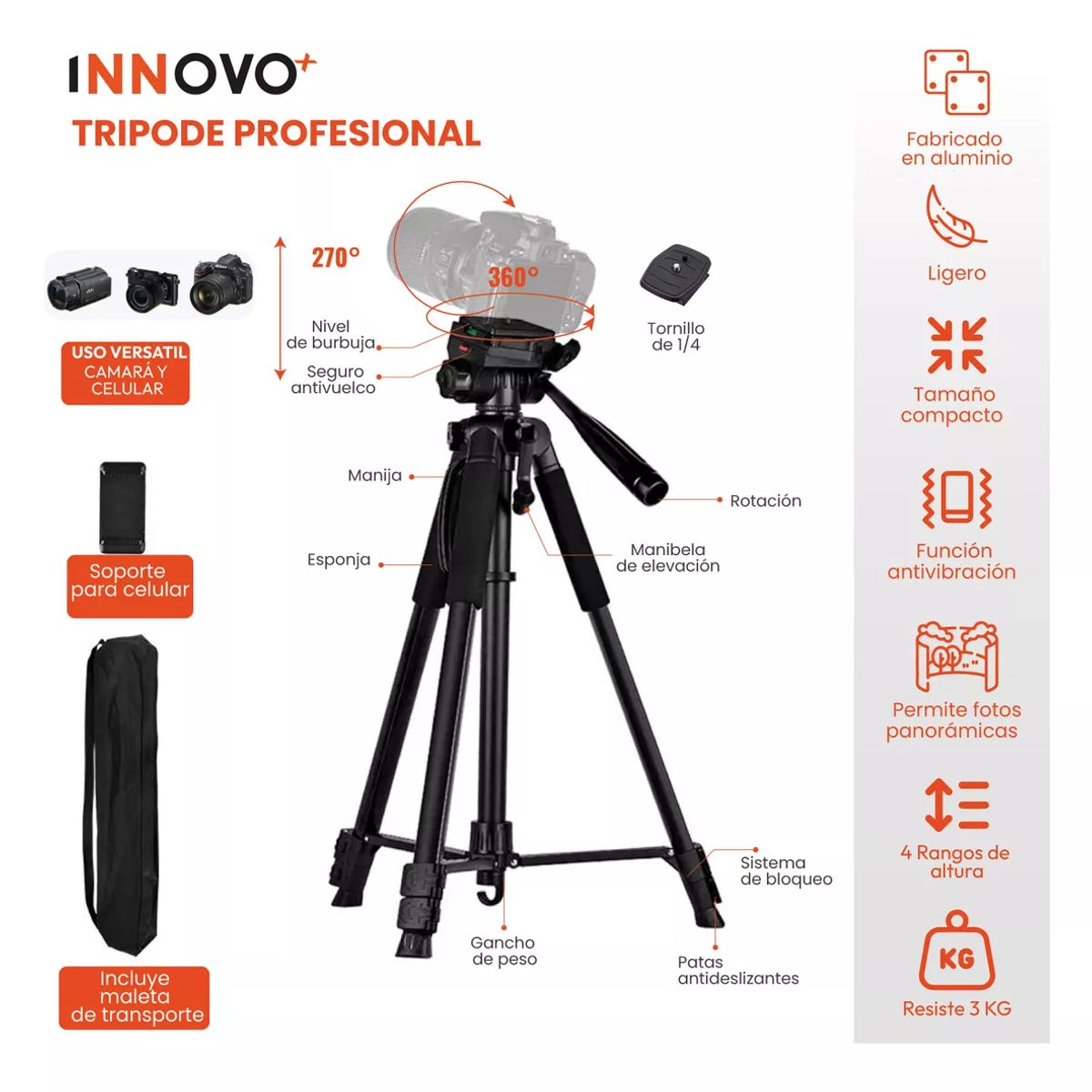 GENERICO - Trípode Profesional Grande 170cm Con Estuche Trepod F-580