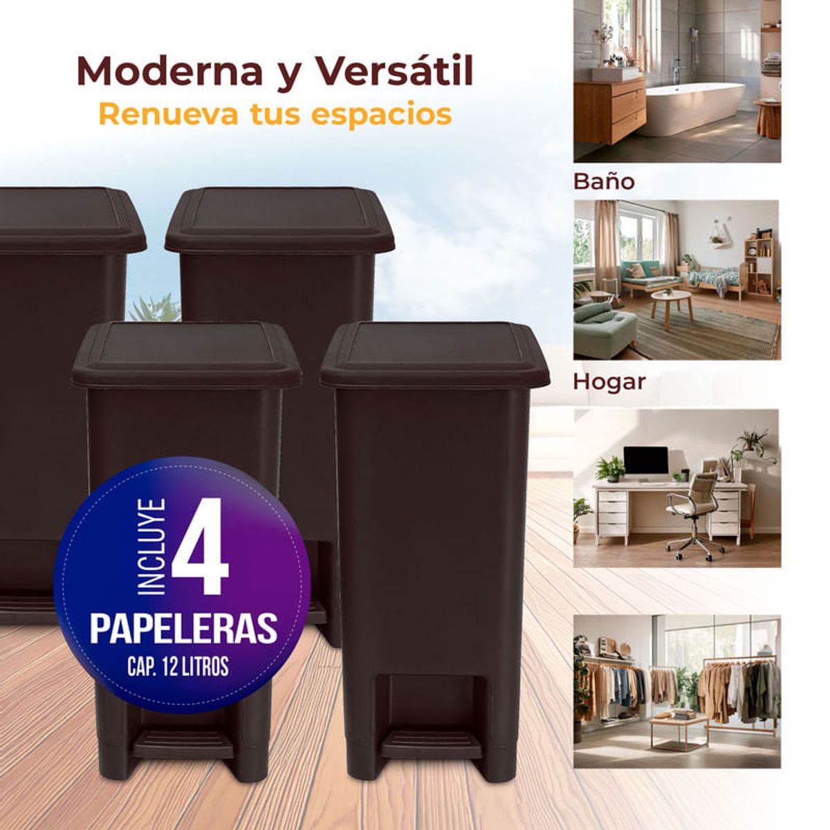 ENERGY PLUS - Kit x4 Cesto de Basura Papelera Pedal 12L Espacios Reducidos Café