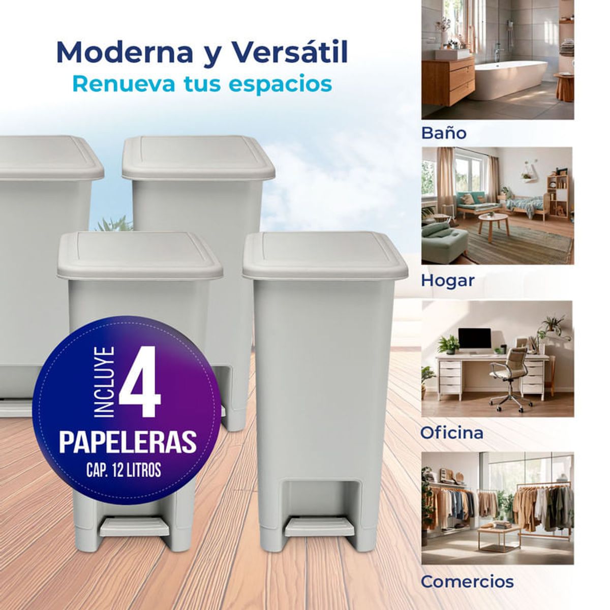 ENERGY PLUS - Kit x4 Cesto de Basura Papelera Pedal 12L Espacios Reducidos Gris