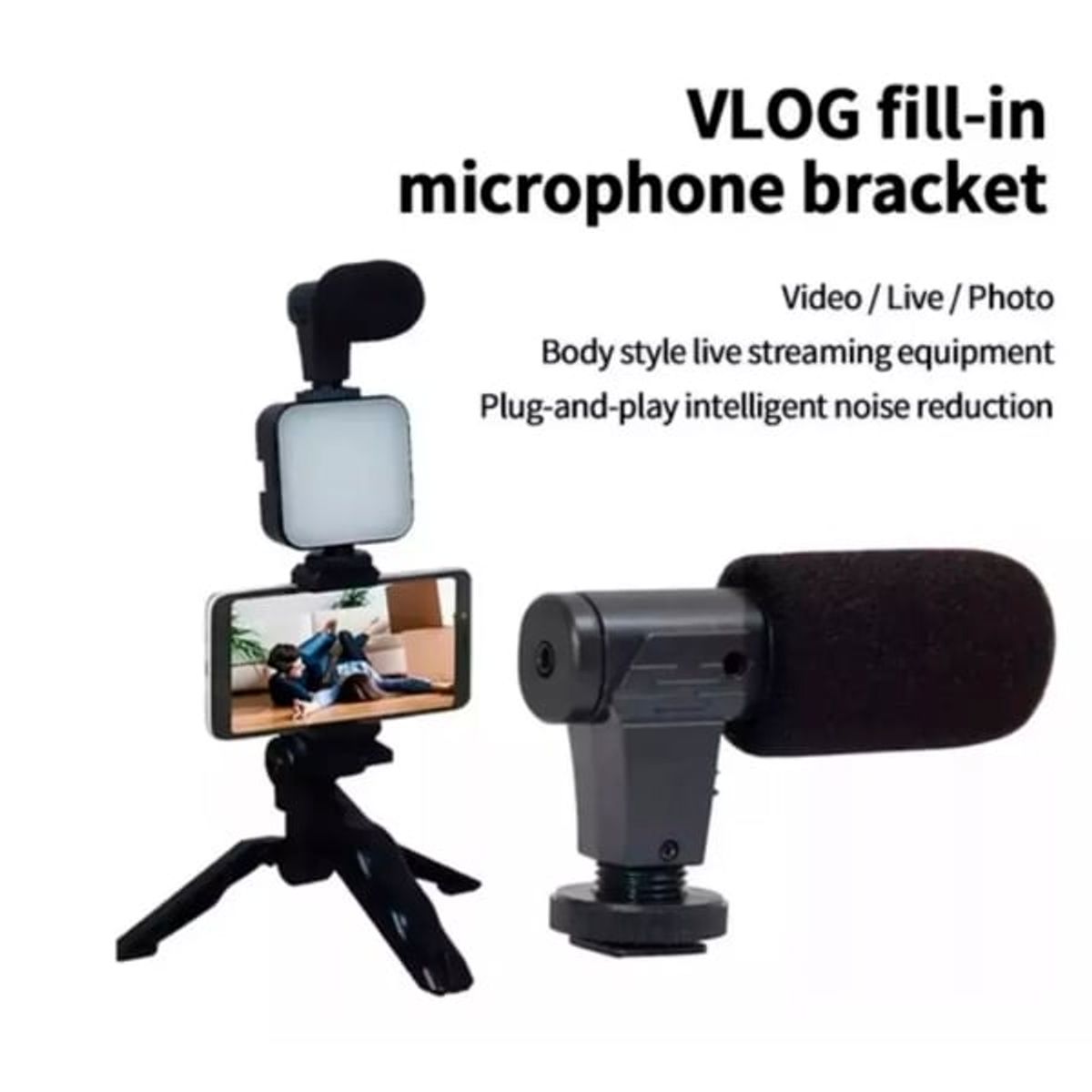 GENERICO - Kit Para Streaming Vlogs Mini Trípode Luz Relleno Y Micrófon