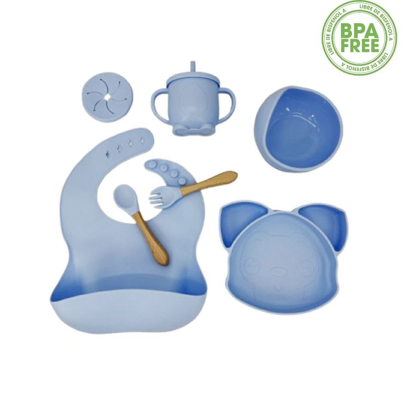 GENERICO - SET PLATO BABERO CUCHARA TENEDOR TAZÓN VASO BEBÉ-AZUL