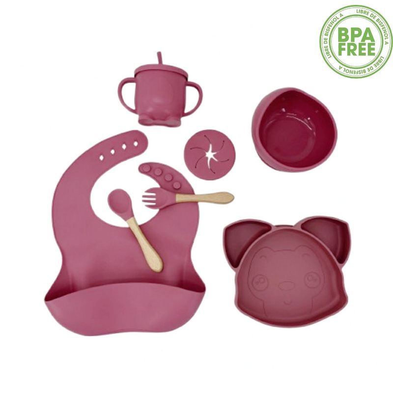 GENERICO - SET PLATO BABERO CUCHARA TENEDOR TAZÓN VASO BEBÉ-ROSA