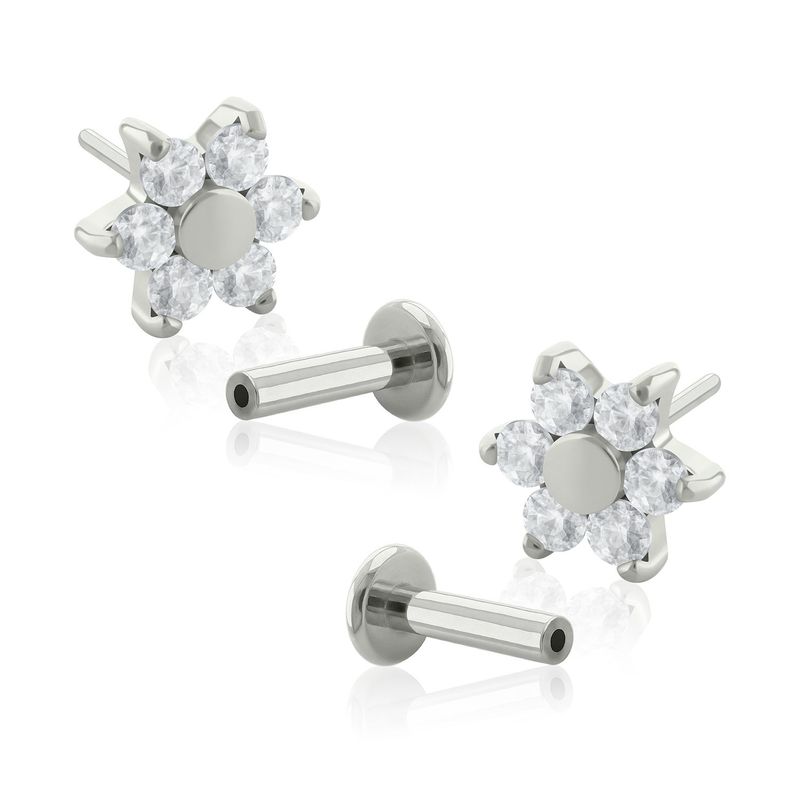 AGHA JEWELRY - Titanio Aretes Piercing Pin a Presión Hexaflower con Flat de Centro Cristal Zirconia para lóbulo