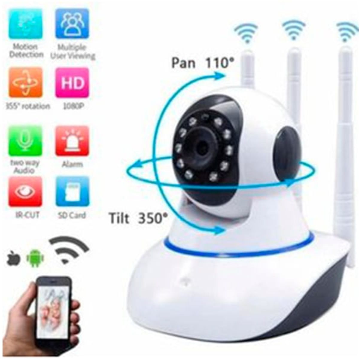 GENERICO - Cámara De Seguridad Ip Wifi Robot 1080P Full Hd 360° 3 Antenas