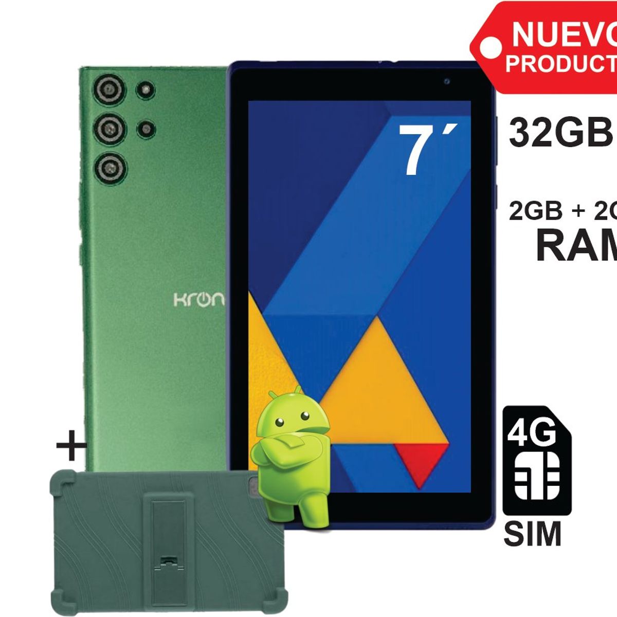 KRONO - Tablet 7 Pulgadas Sim Card 2GB RAM 32GB Android 13 Verde