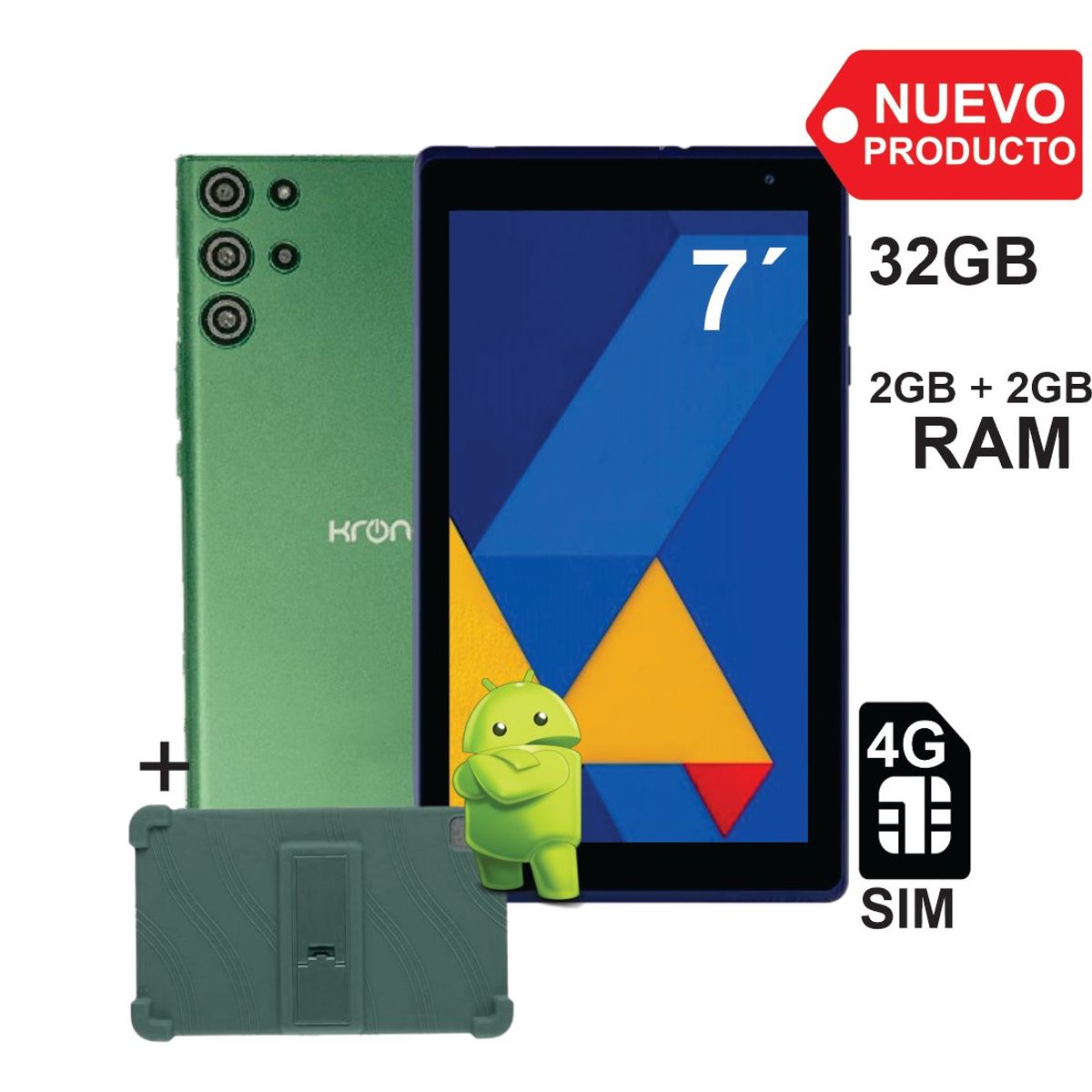 KRONO - Tablet 7 Pulgadas Sim Card 2GB RAM 32GB Android 13 Verde