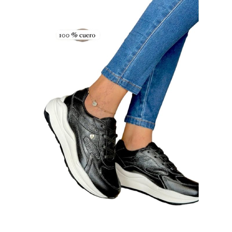 EVEGONZ - Tenis Deportivo Negro Tenis de Cuero Cómodo de Mujer