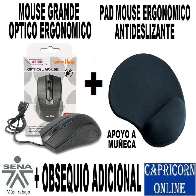 GENERICO - Mouse Optico Grande Semi Ergonómico + Pad Mouse Apoyo Muñeca En Gel