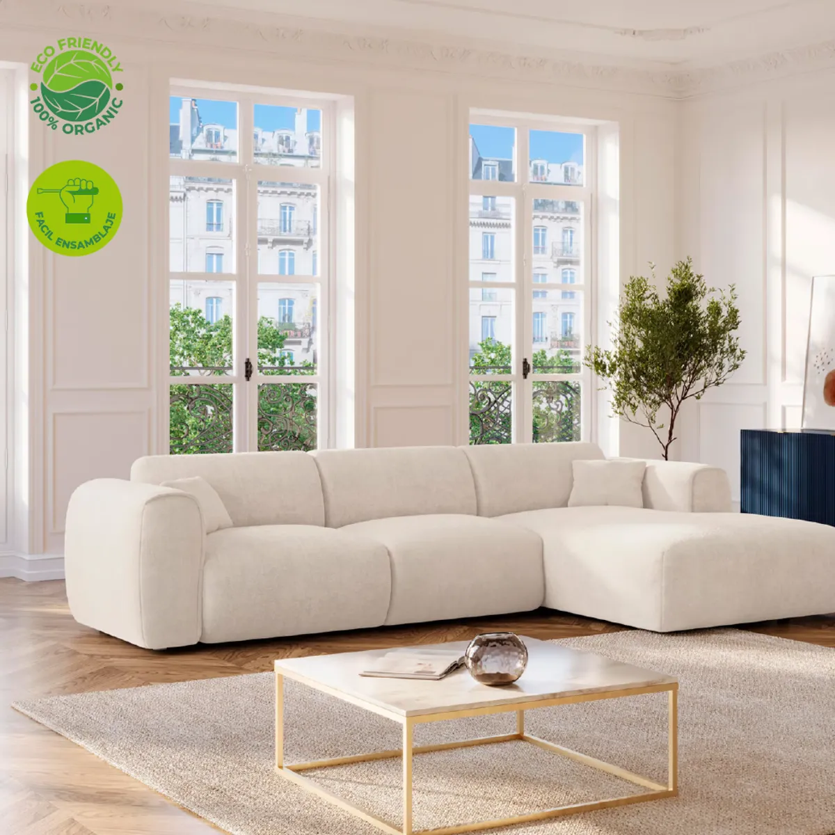 GENERICO - Juego de Sala POGNI  Sofá en L Moderno 3 Plazas Beige