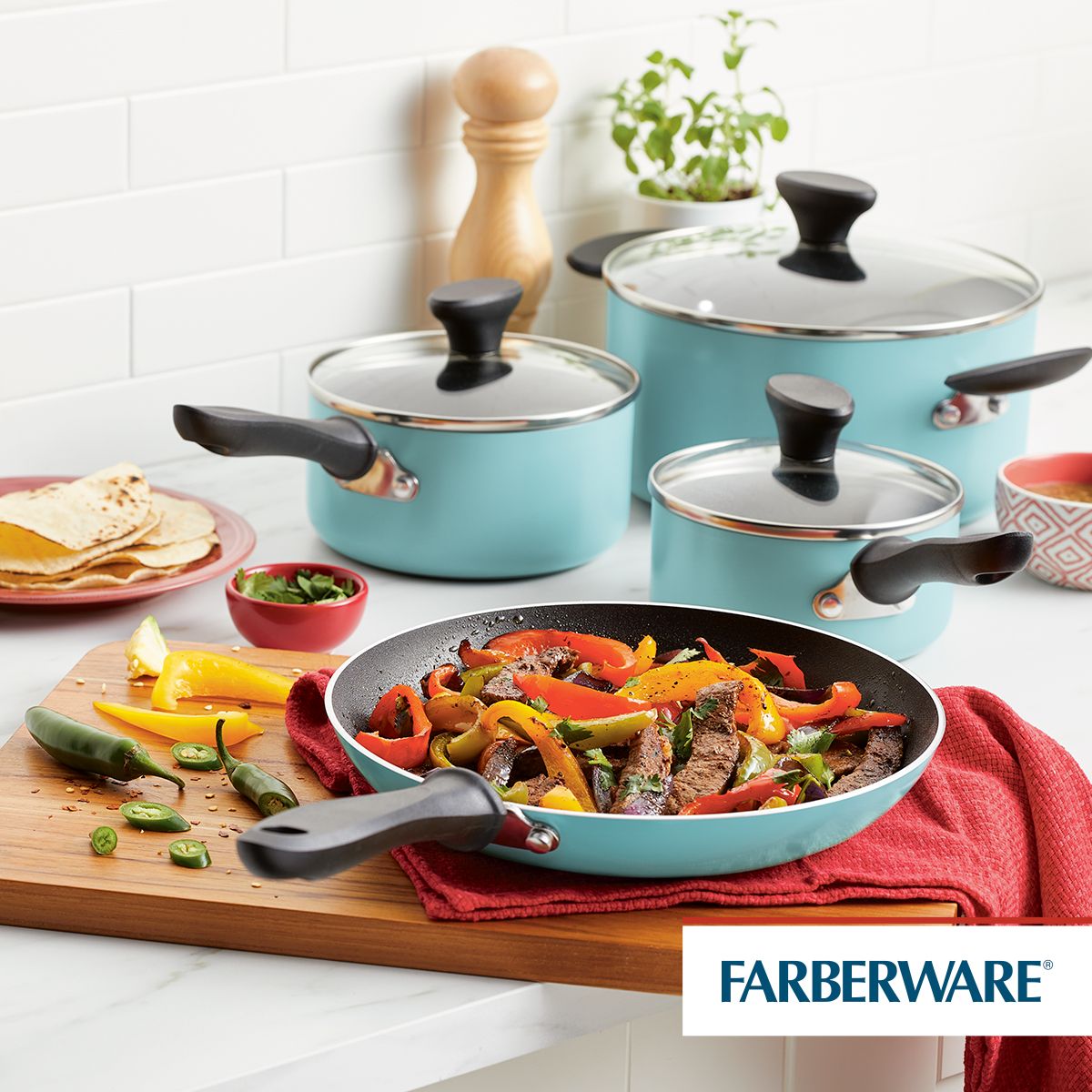 FARBERWARE - Juego de Ollas 7pzs + 5 utensilios. Antiadh. Realiance Farberware Azul