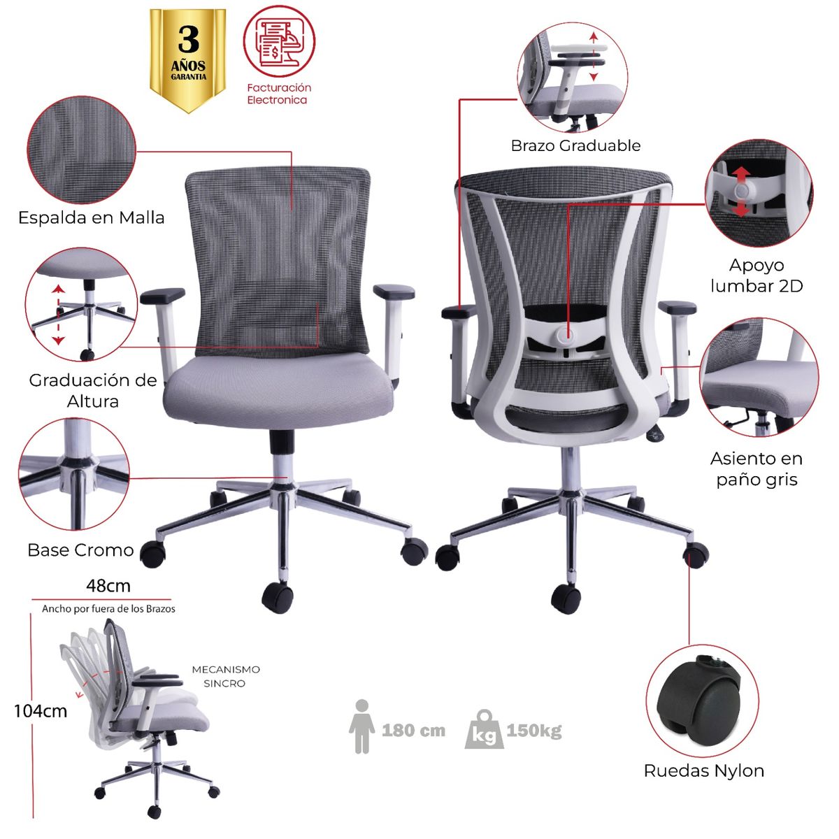 MUEBLESYA - Silla De Escritorio y Oficina Onzaga Gerente Ergonómica Gris