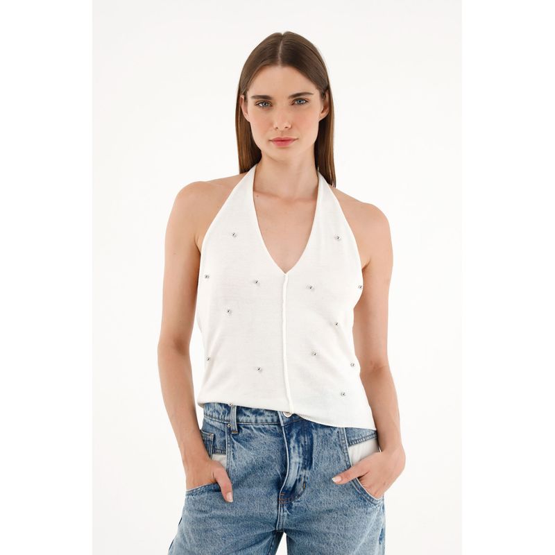 TENNIS - Camiseta tejida crudo con apliques de brillo para mujer