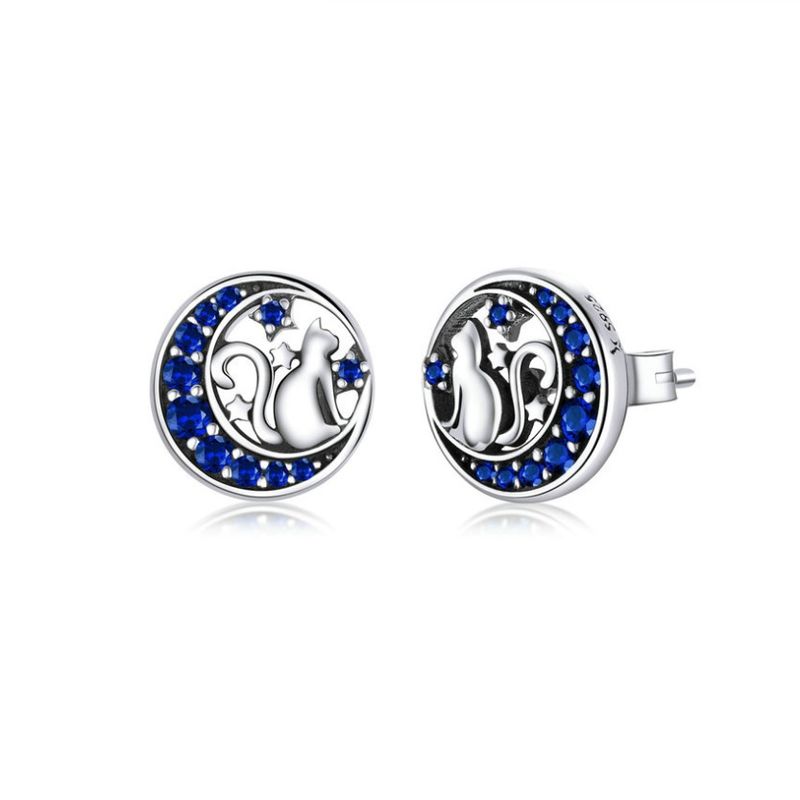 ALHAJAS - Aretes Topos Para Mujer Gato Luna Cristal Fabricados En Plata 925