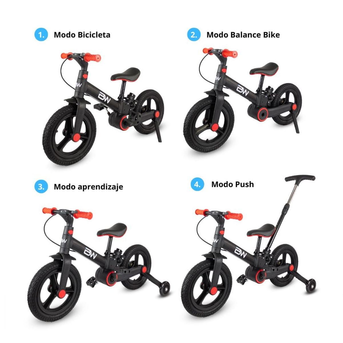 PRINSEL - Bicicleta de Balance Infantil 4 En 1 Revolt Plegable Negra