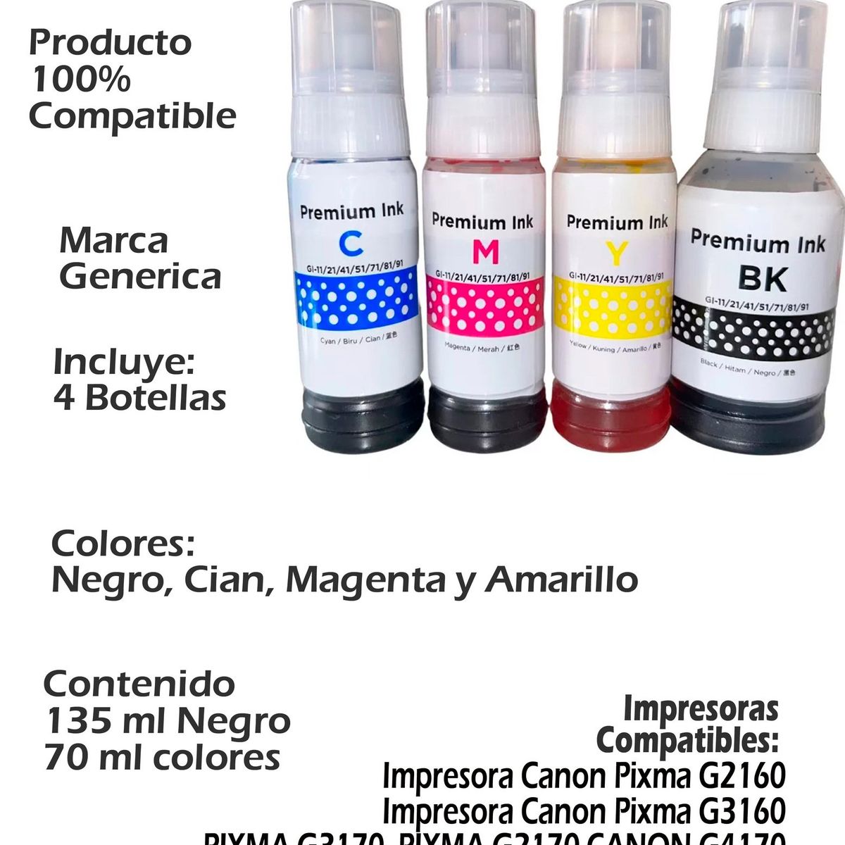 GENERICO - Kit 3 Tintas Genericas GI-11 Compatibles Con Canon G2160 Y G3160