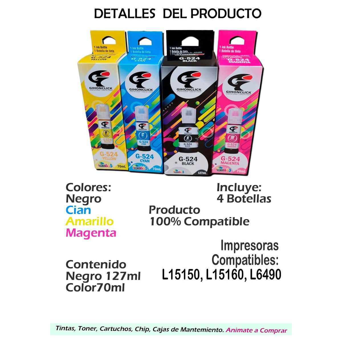 GENERICO - 4 Tintas Genericas 524 Para Impre Epson L6490 L15150 L15160
