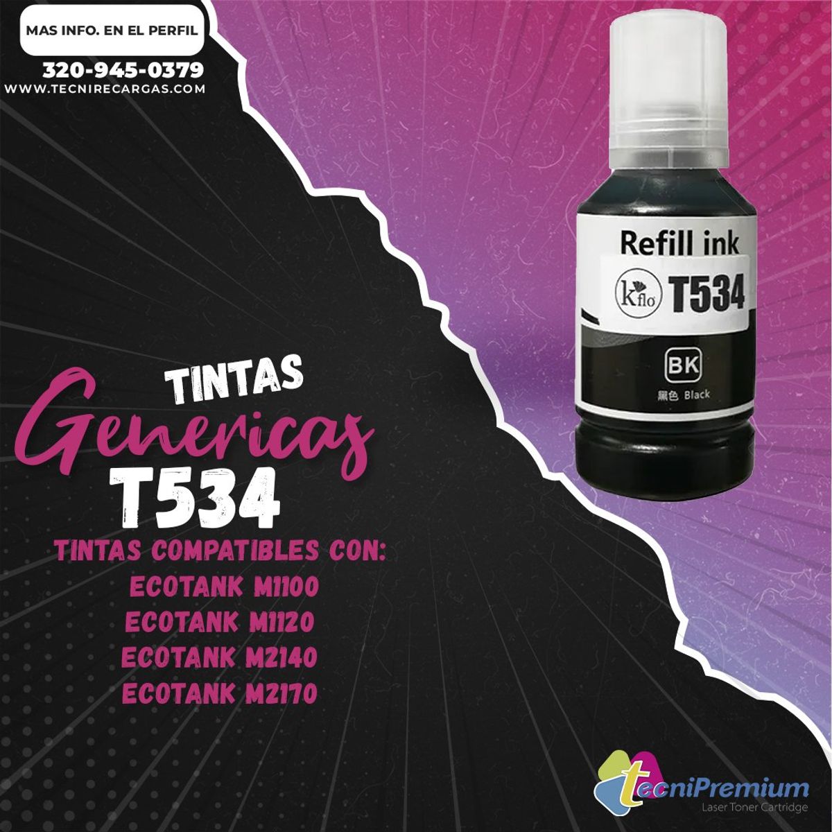 GENERICO - Tinta Negra 534 Generica Para Epson M3180 M3170 M2170 M2120 M1180