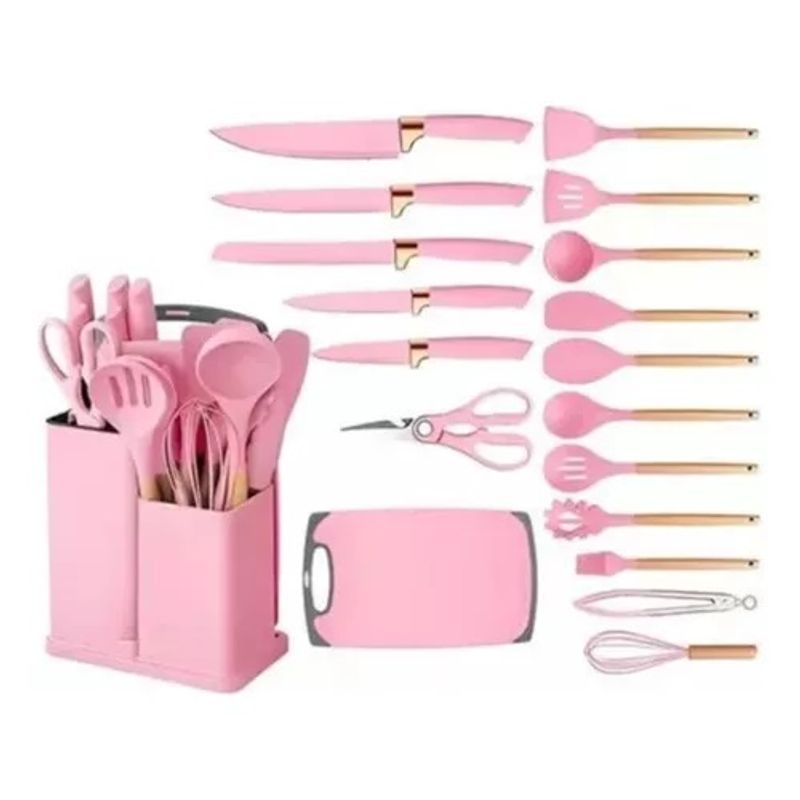 GENERICO - Set Utensilios Cocina Siliconados X 19 Pcs Color Rosa