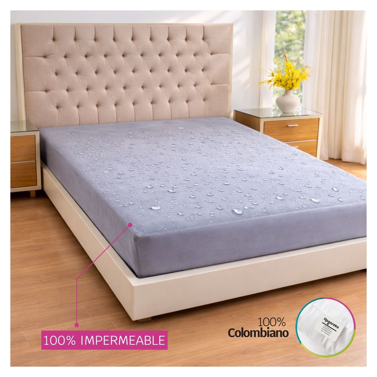 HOGARETO - Protector Colchón Impermeable Gris Cama Sencilla