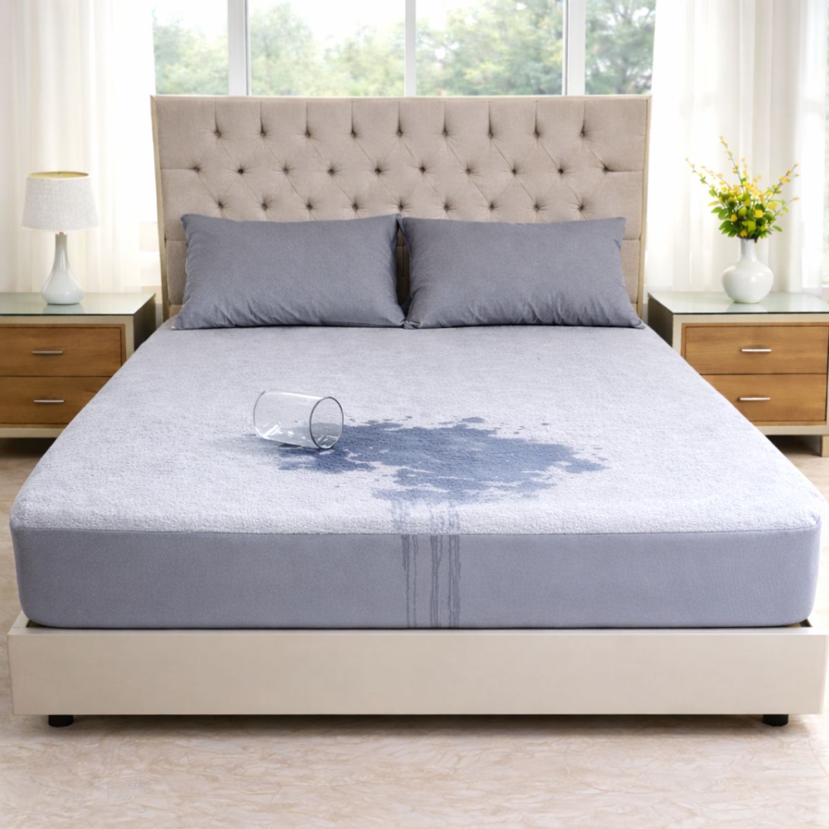 HOGARETO - Protector Colchón Impermeable GRIS Cama Semidoble 120x190cm + 2 Fundas