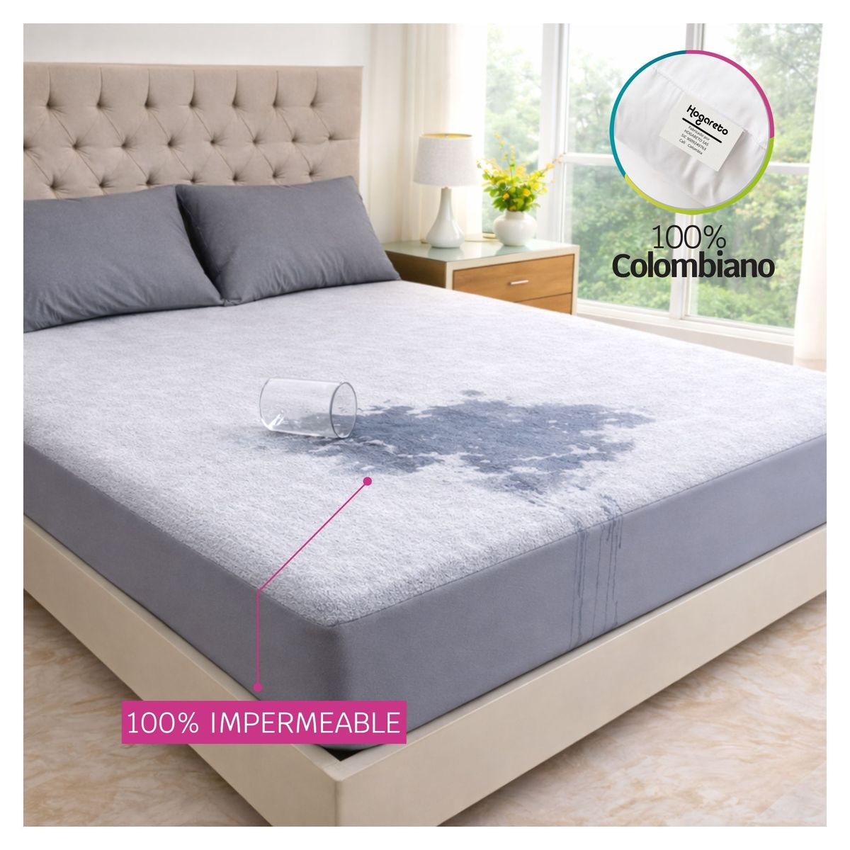 HOGARETO - Protector Colchón Impermeable GRIS Cama Semidoble 120x190cm + 2 Fundas