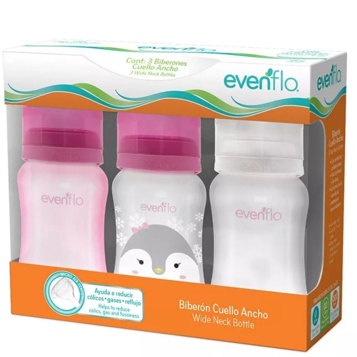 EVENFLO - Set Biberones Cuello Ancho 9 Onzas x 3und Rosado - Evenflo