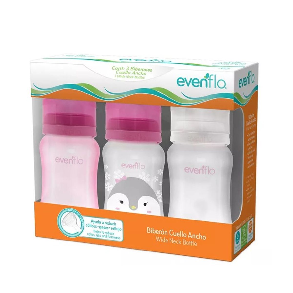 EVENFLO - Set Biberones Cuello Ancho 9 Onzas x 3und Rosado - Evenflo