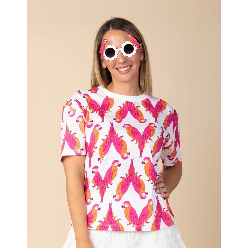 DOSOJOS - Camiseta unisex en algodón peruano estampado loros rosados