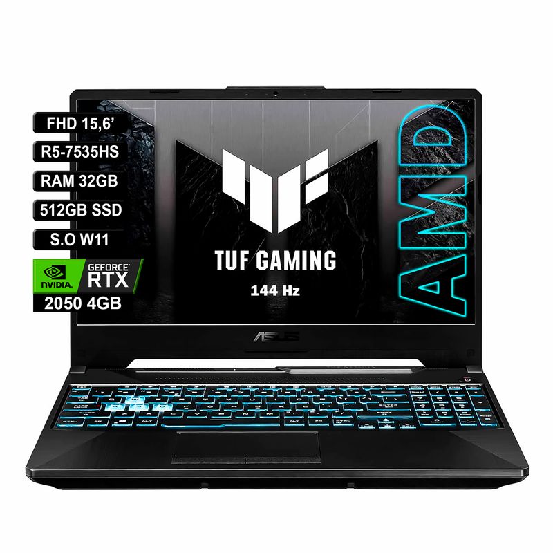 ASUS - PORTATIL ASUS TUF 156′ AMD R5-7535HS RAM 32GB 512GB SSD RTX2050 BLACK