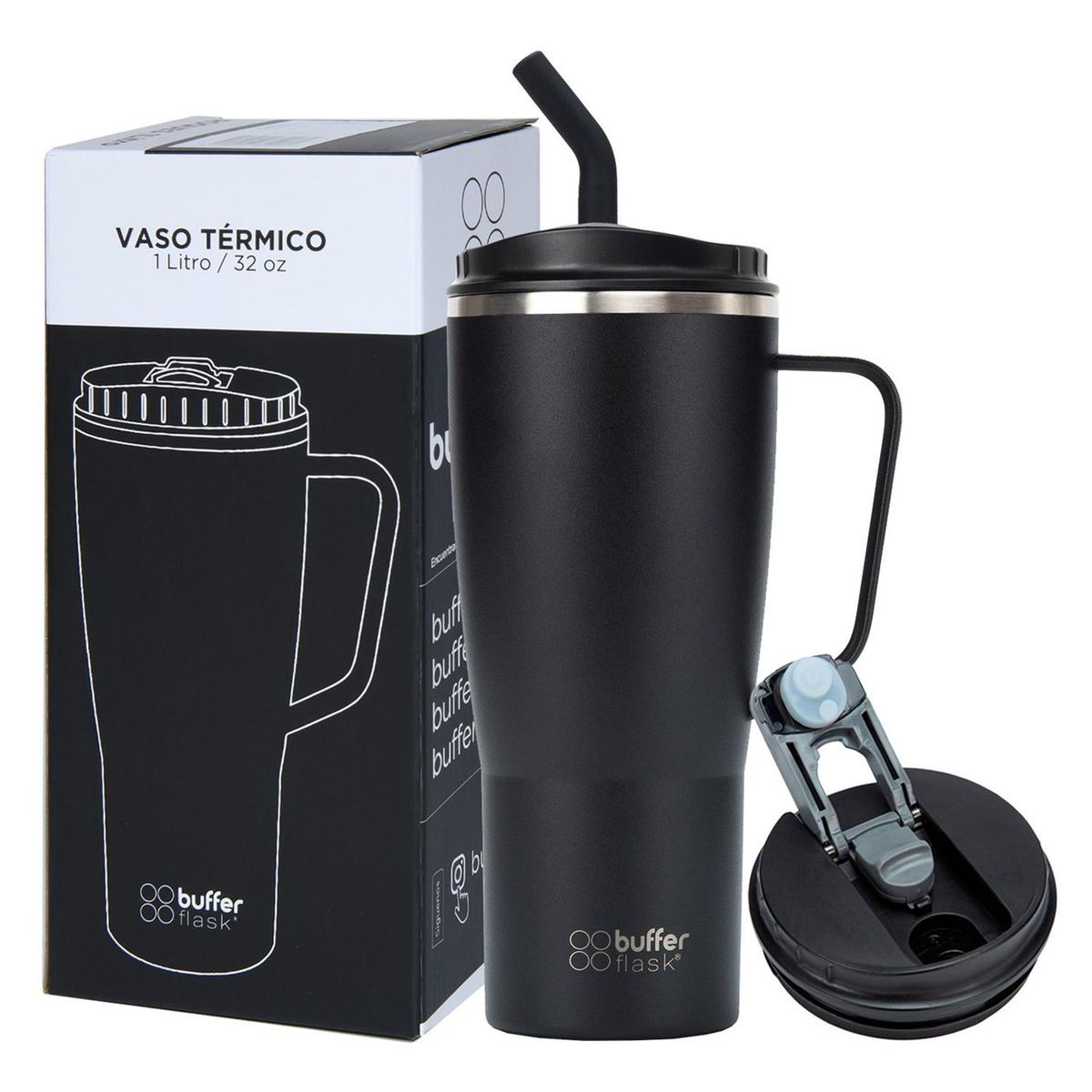 BUFFER FLASK - Vaso Mug Termico Agua Frio Calor 1 Lt Buffer Acero - Negro