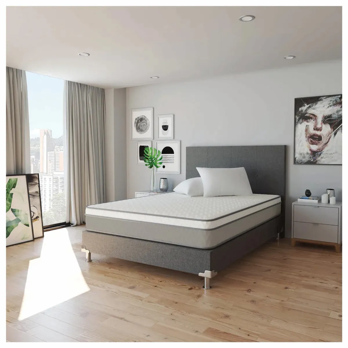 KAIU HOME - Combo Grey Queen  Base+Colchon+Cabecero+Almohad 160x190