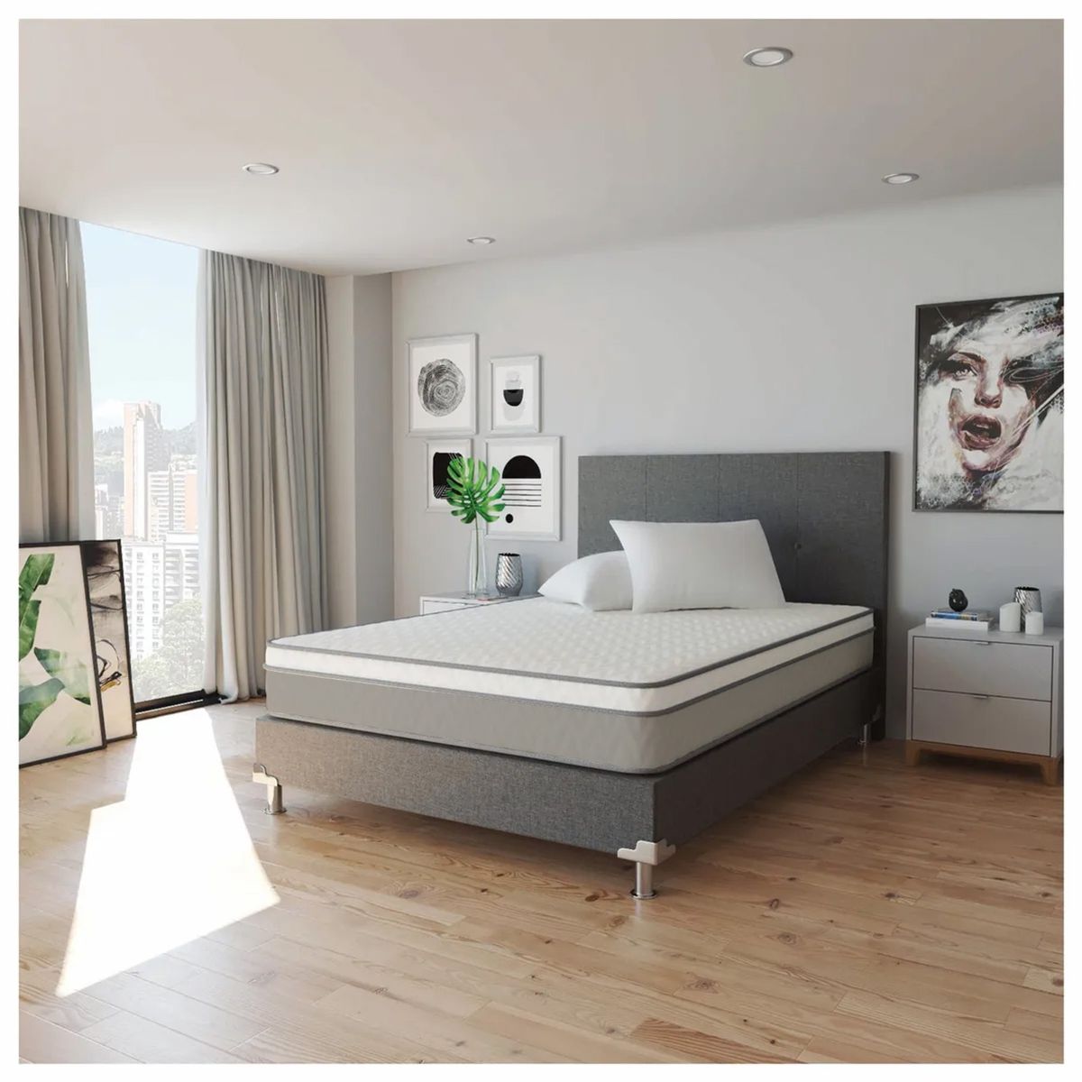 KAIU HOME - Combo Grey Sencillo  Base+Colchon+Cabecero+Almohad 100x190