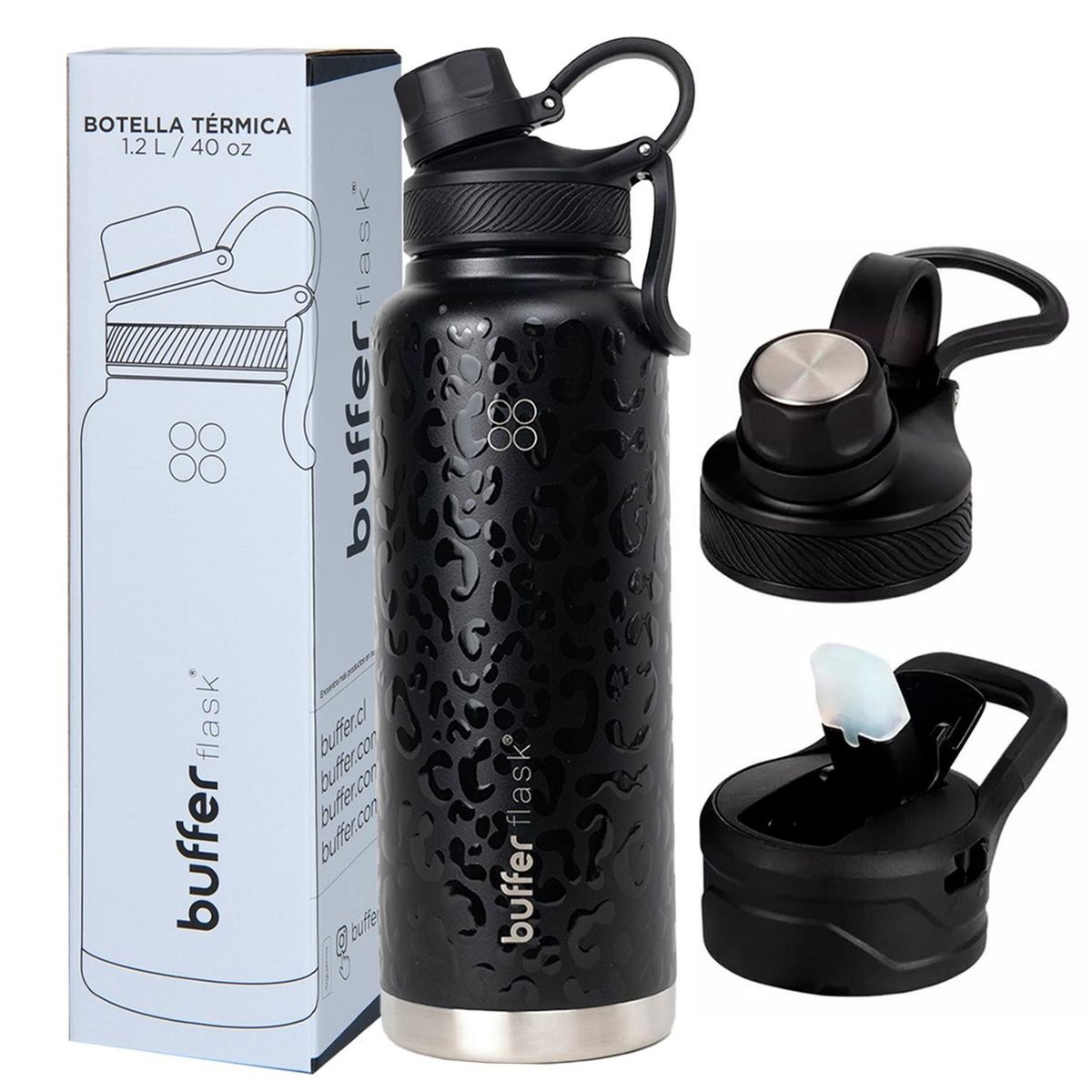 BUFFER FLASK - Termo Botella Termica 1,2 Buffer Acero Inox Tapas - Negro