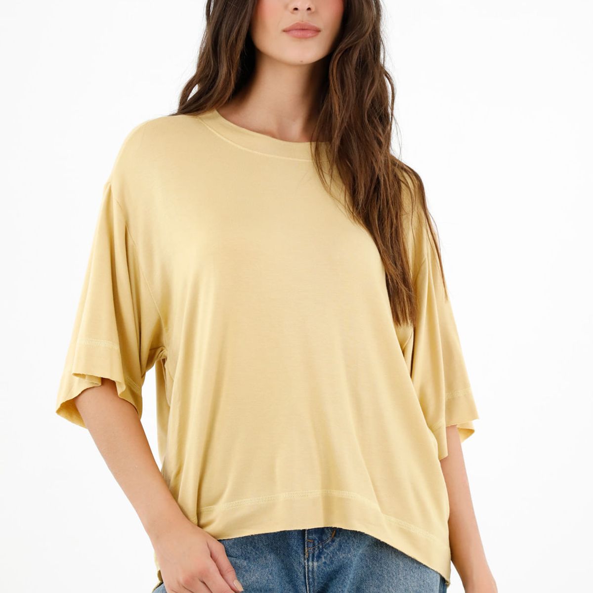 TOPMARK - Camiseta amarilla con ruedo largo para mujer