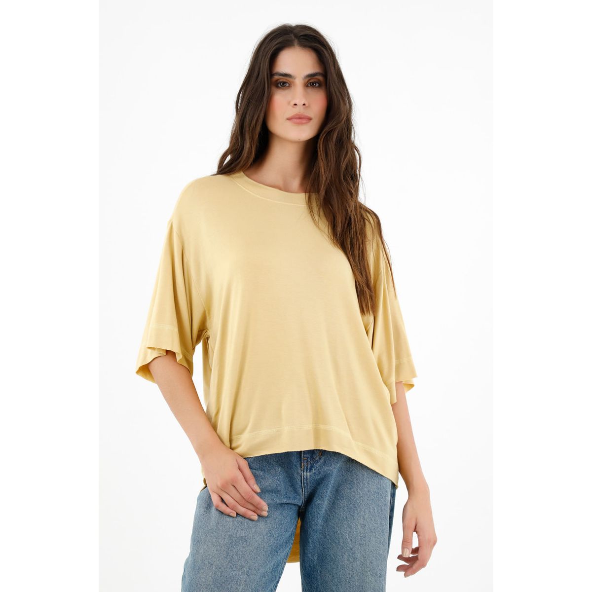TOPMARK - Camiseta amarilla con ruedo largo para mujer