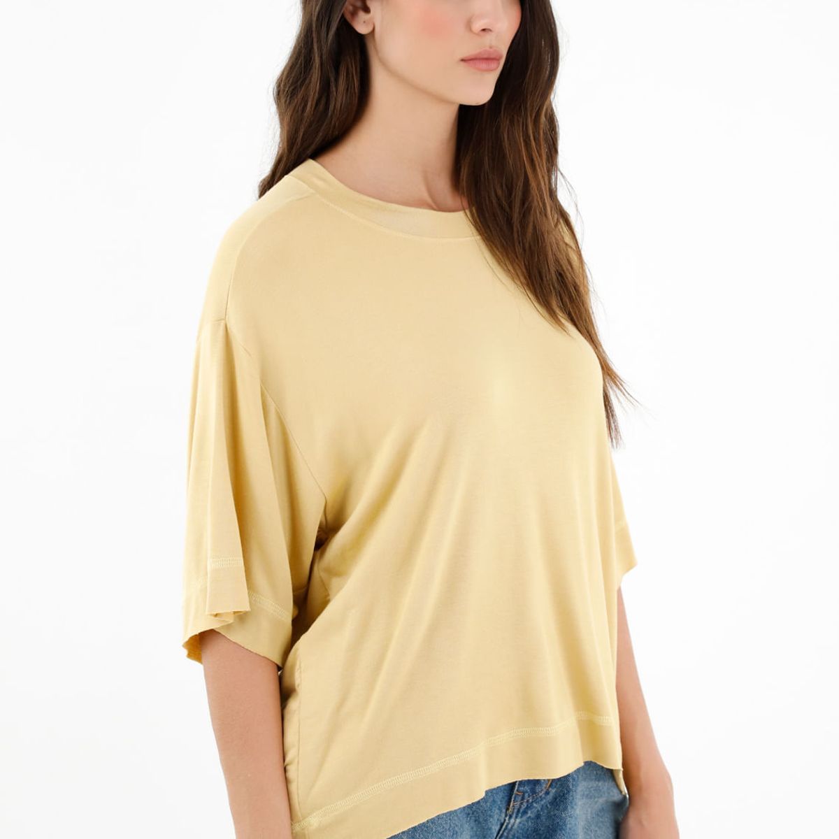 TOPMARK - Camiseta amarilla con ruedo largo para mujer