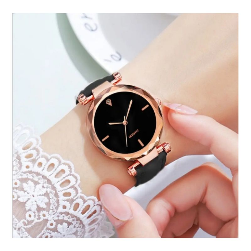 GENERICO - RELOJ CUARZO ROSA NEGRO  DE CUERO