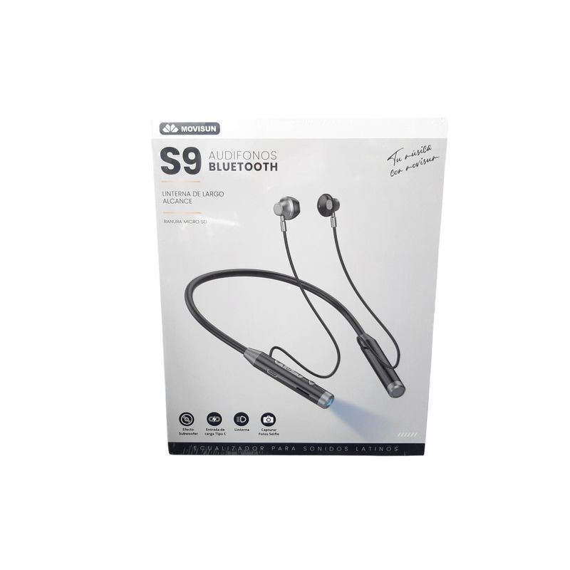 MOVISUN - Audifonos Inalámbricos Bluetooth S9 Magnéticos Linterna COLOR NEGRO