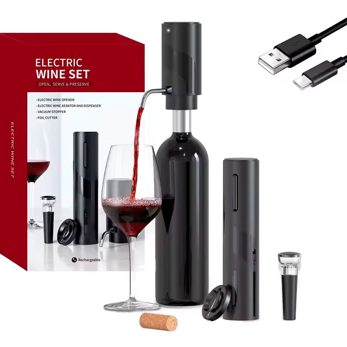 XALTA - Set Kit Sacacorchos Recargable Usb  Para Vino + Dispensador