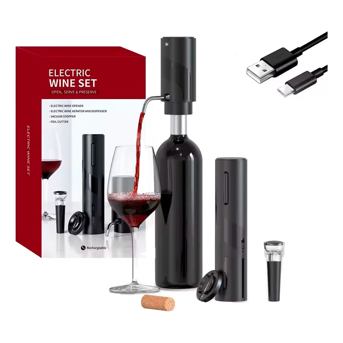 XALTA - Set Kit Sacacorchos Recargable Usb  Para Vino + Dispensador